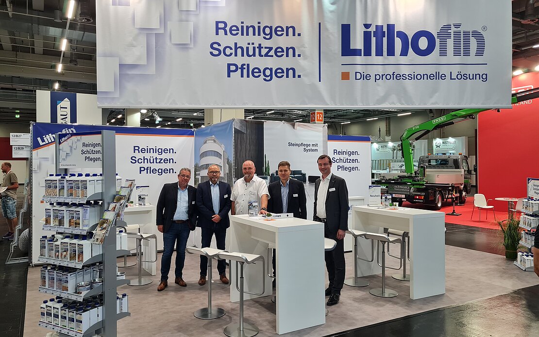 Lithofin tradeshow team with Managing Director Garvin Stingel, Matthias Schneider, Alexander Mechtold, Rudi Groiss and Ulrich Hilsmann (from right to left).